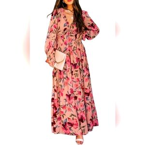 Womens Flora  Casual Boho Deep V Neck, Long Sleeves, Long Dress.